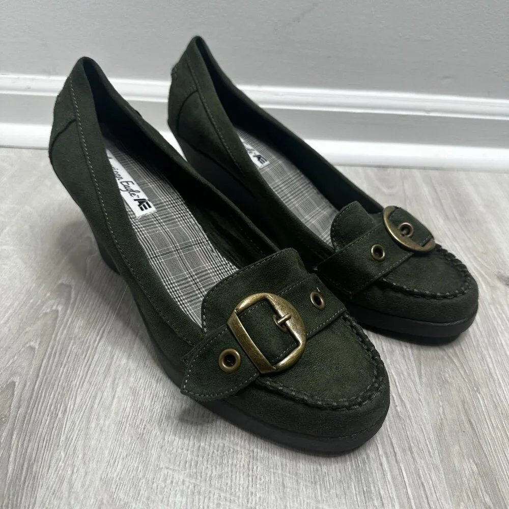 American Eagle Outfitters Olive Green Suede Wedge Loafers with Brass Buckle